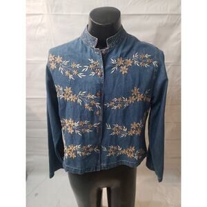 Life Style Shirt Womens Large Blue Chambray Long Sleeve Floral Embroidered